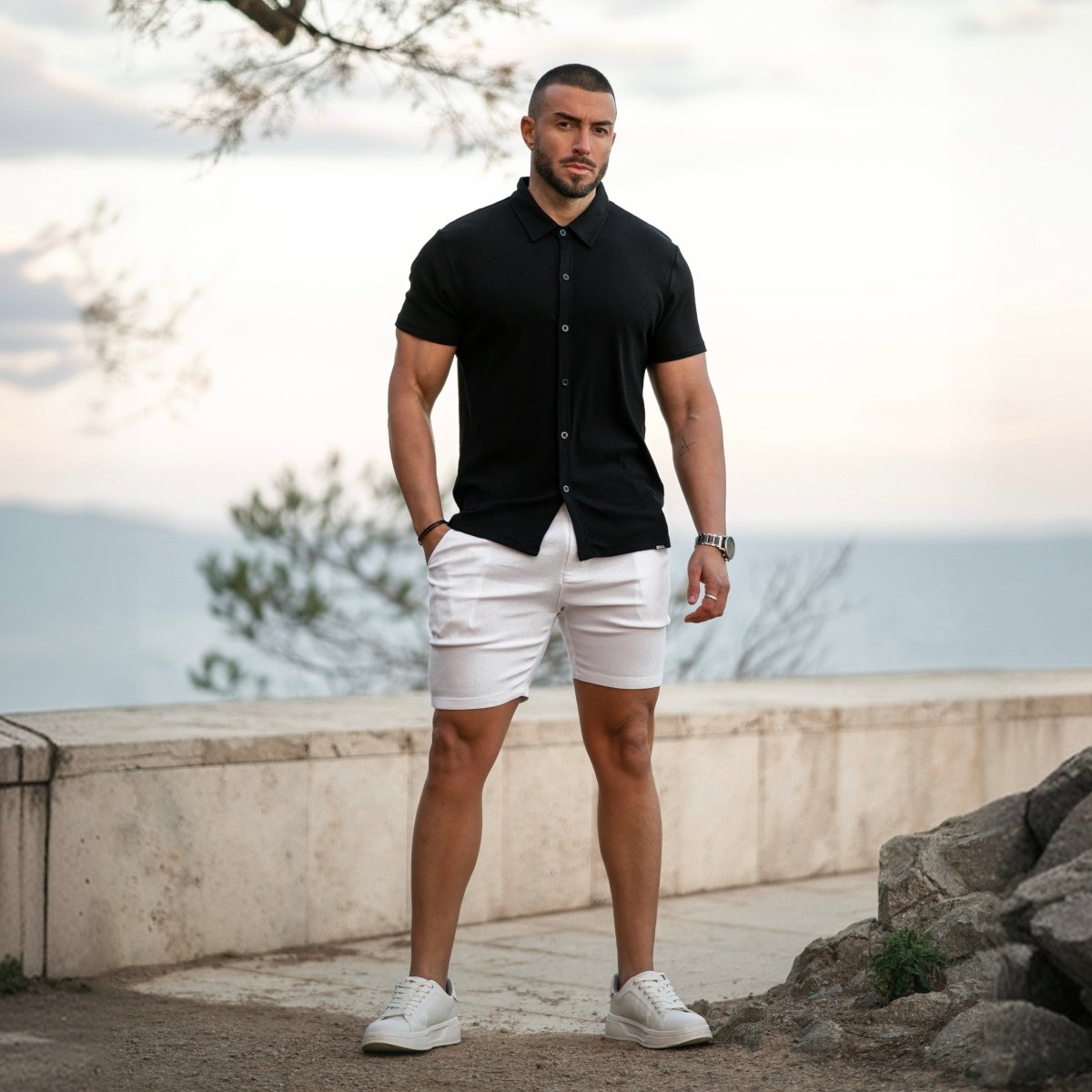 Stylish Mens Summer Outfit Knit Button Shirt and White Chino Shorts