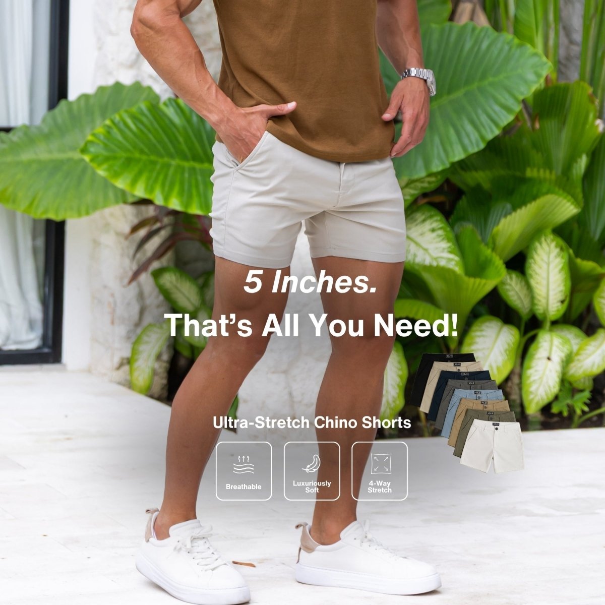 Mens Chino Shorts Australia Cream 5" Inseam For Muscular Legs