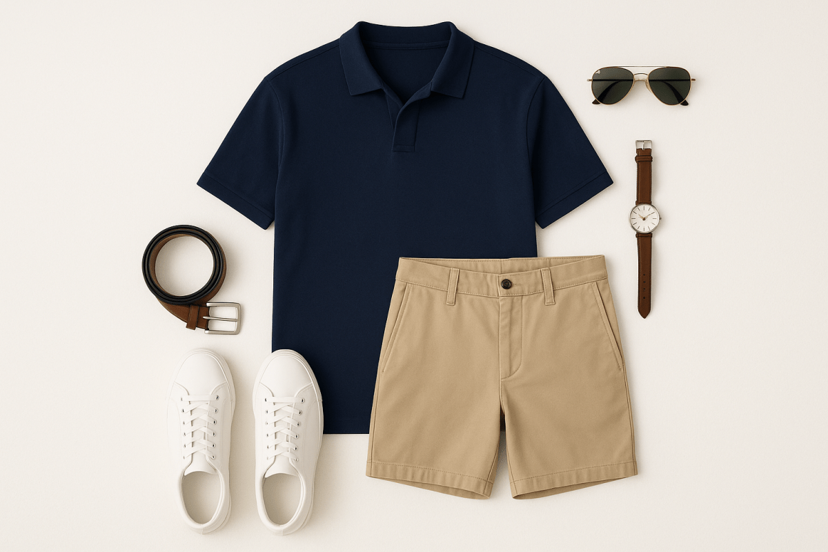 Style guide for Kojo Men's chino shorts beige with navy top and white sneakers