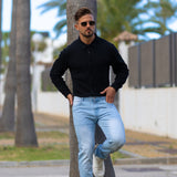 Stretch Knit Long Sleeve Button Up Shirt - Black