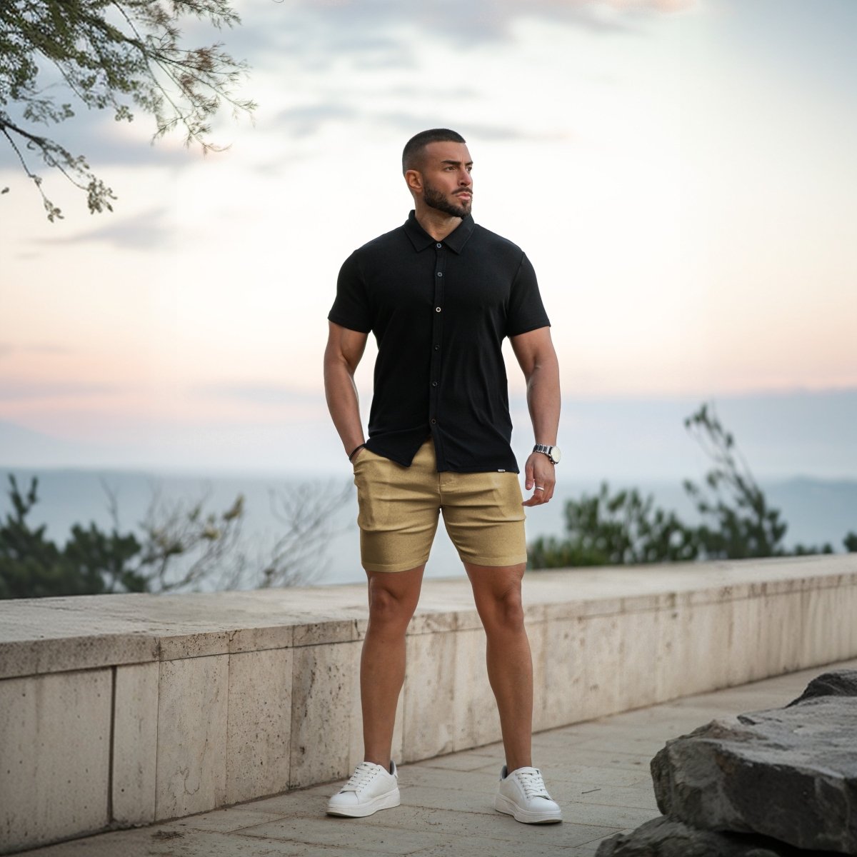 Mens 7" Khaki Chino Shorts Slim Stretch Fit