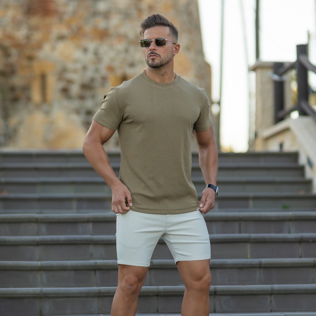 Mens Neutrals Summer Style Classy Old Money T-Shirt and chino shorts