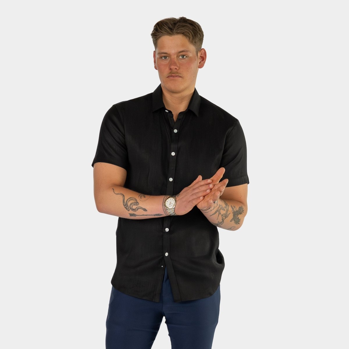 Black Short Sleeve Linen Shirt White Buttons