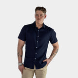 Navy Linen Muscle Fit Short Sleeve Shirt