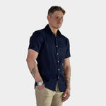 Navy with white buttons Linen Short sleeve slim fit shirt