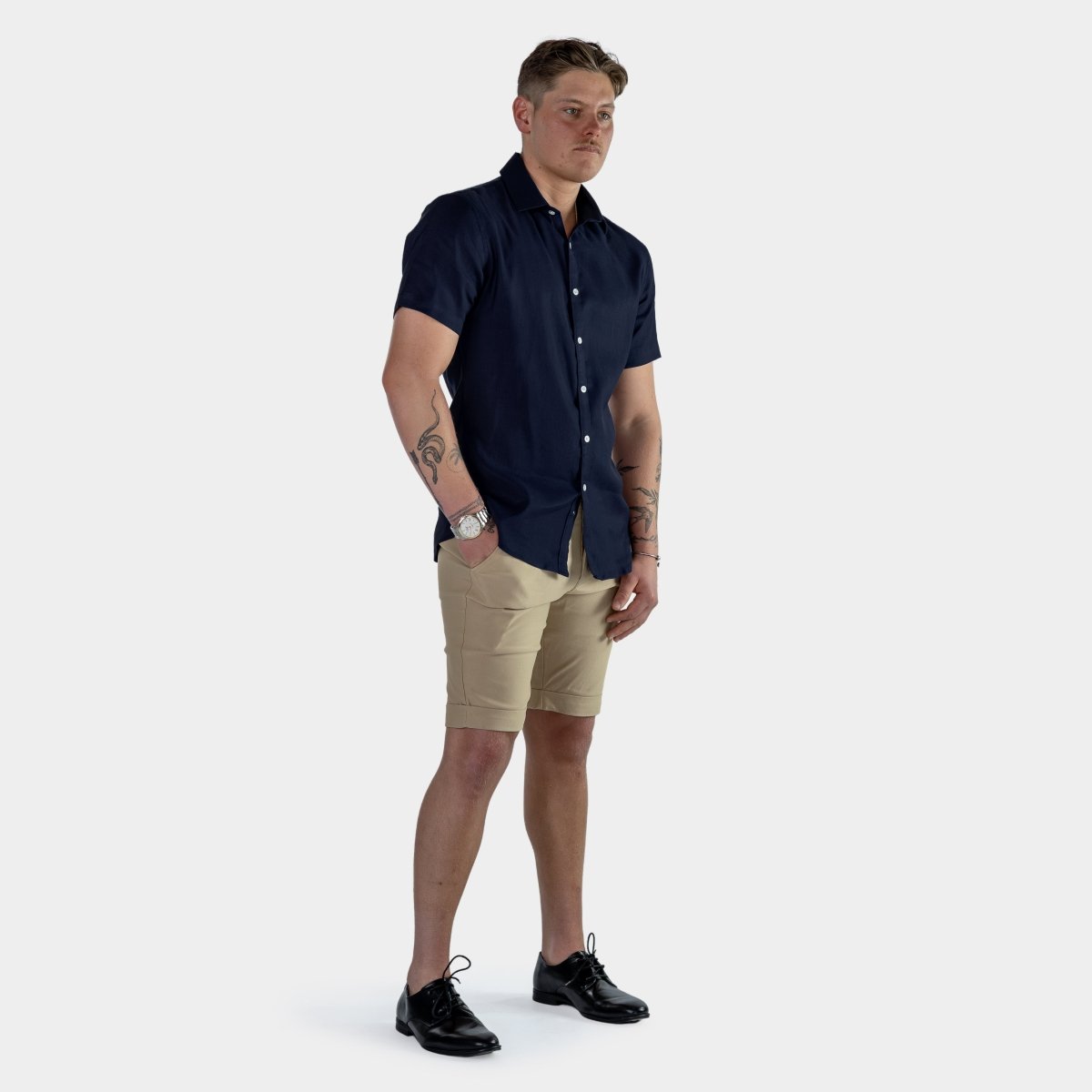 Mens Navy Blue Linen Short Sleeve Shirt Outfit