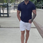 Shop Online Mens Fitted Polo Shirt navy blue with white chino shorts