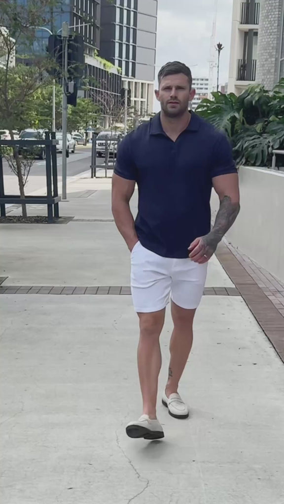 Shop Online Mens Fitted Polo Shirt navy blue with white chino shorts