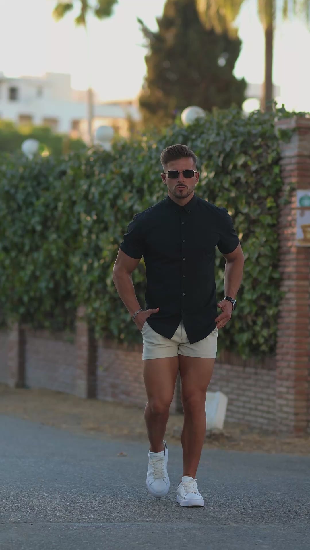 Black Muscle Fit Short Sleeve Shirt with short length 3" chino shorts in cream | Kojo Fit