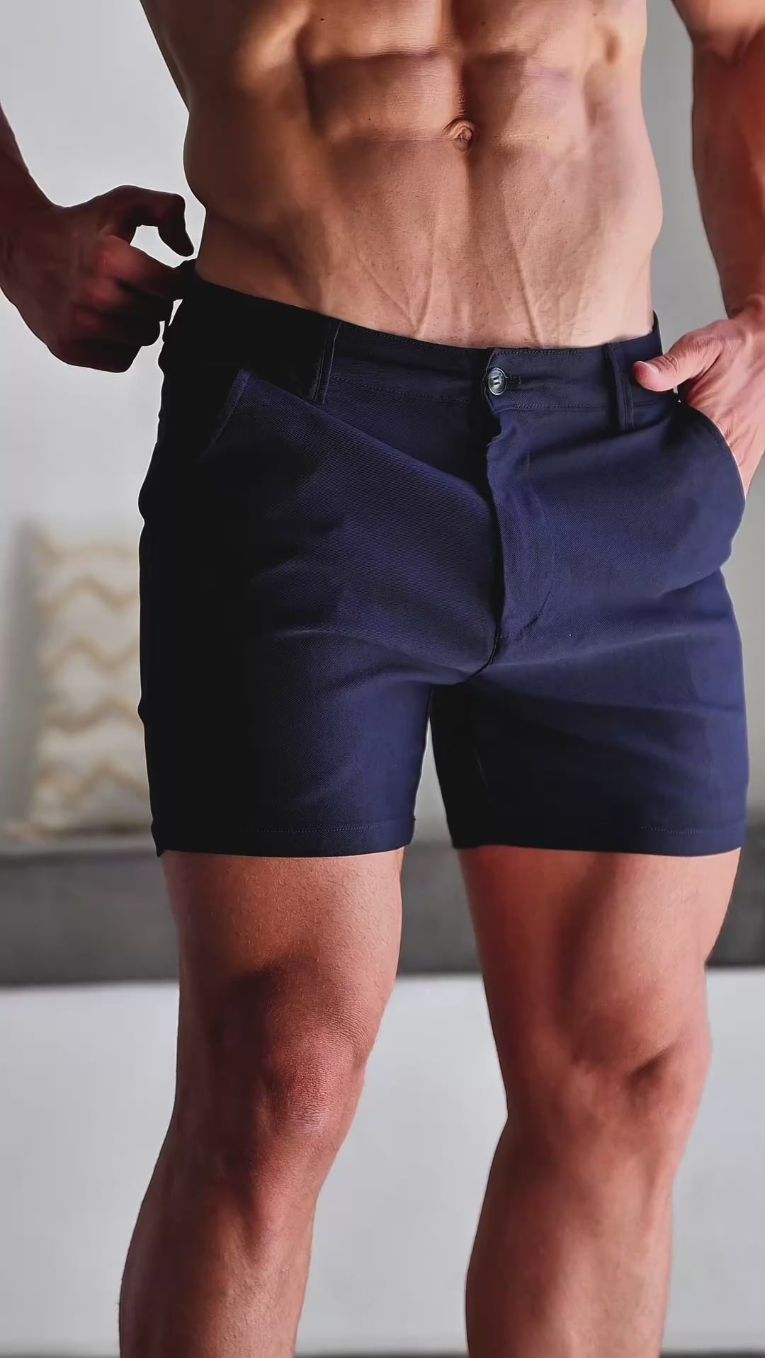 Men’s navy short leg length chino shorts dress style classy fit that shows off legs