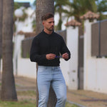 Black Long Sleeve Stretch Button Up Shirt with muscle fit with stretch slim fit jeans  in light blue