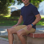 Classy Mens Navy Knit Fitted T-Shirt with Beige 7' Inseam chino shorts | Kojo Fit