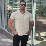 Cream Knit Stretch Button Up Short Sleeve Shirt