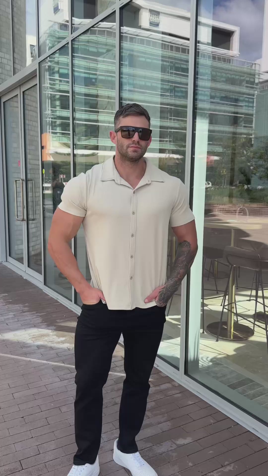 Cream Knit Stretch Button Up Short Sleeve Shirt