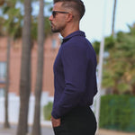 Mens Open Collar Navy Long Sleeve Polo with black slim fit jeans