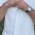 Mens Resort Style White Cuban Collar Shirt and Beige Shorter Length Chino Shorts