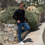 Mens Black Long Sleeve Polo with open collar and slim fit