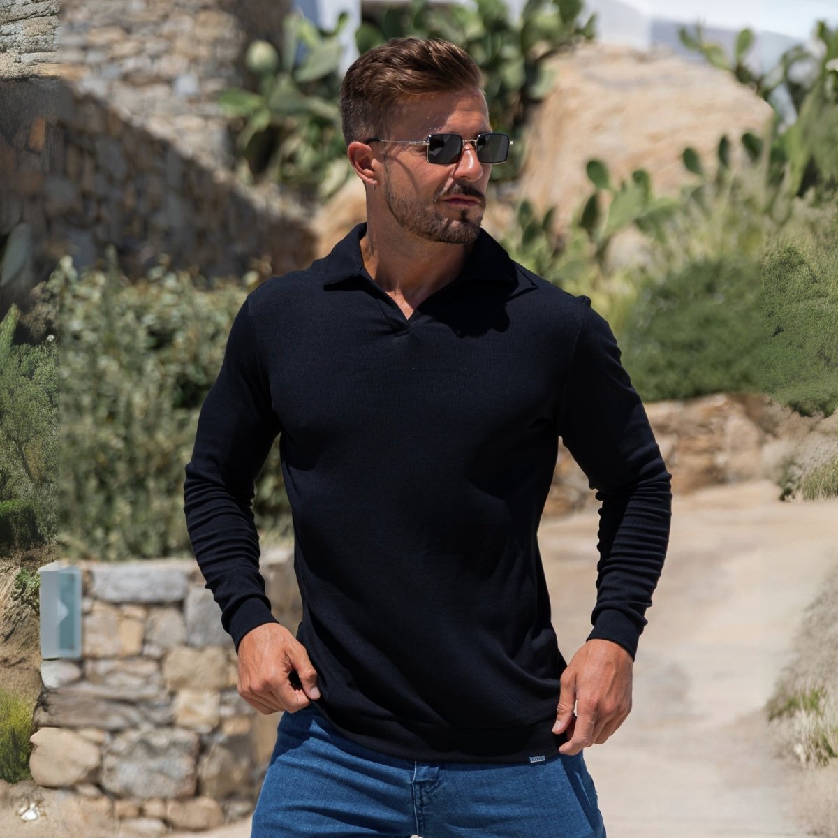 Black Muscle Fit Long Sleeve Polo in rayon stretch kojo fit