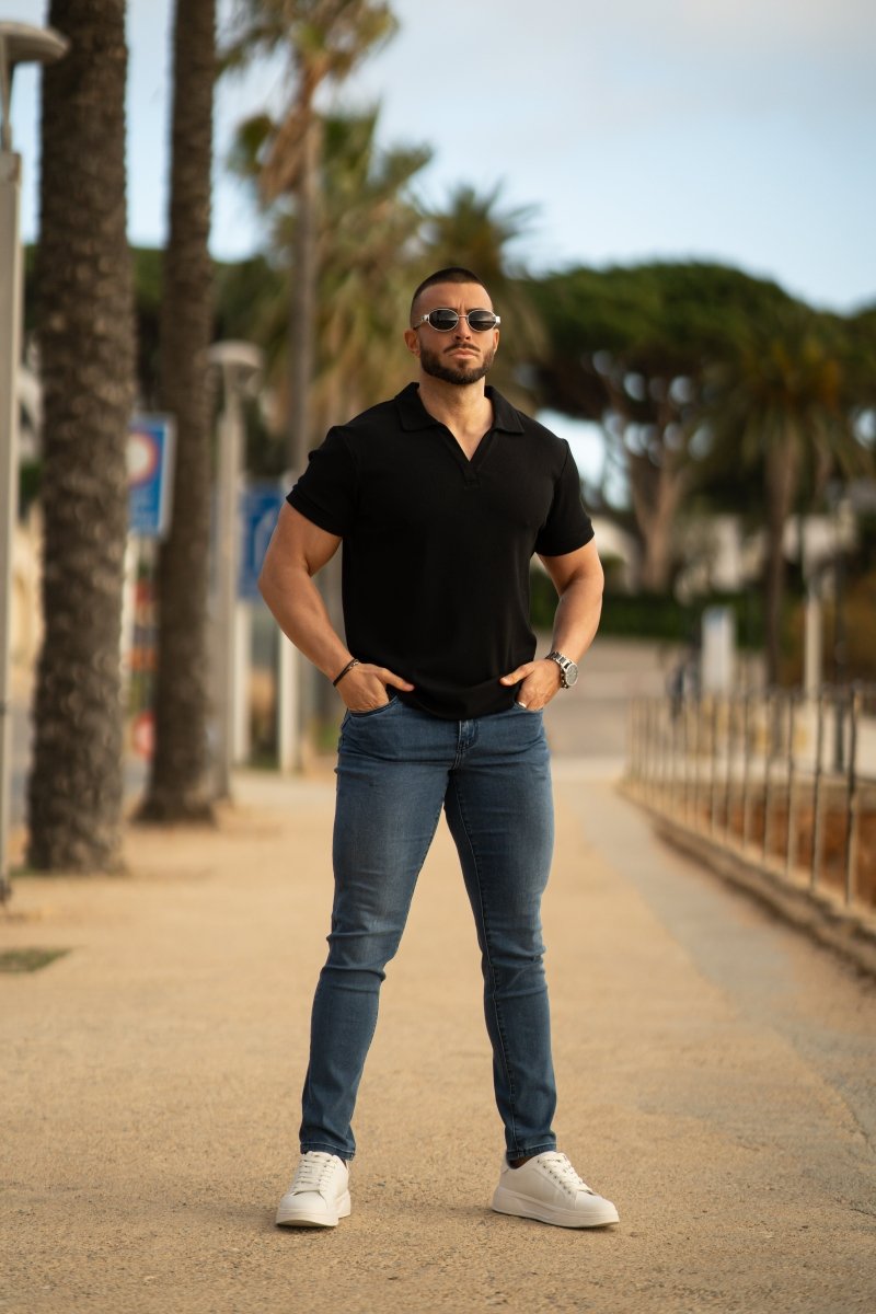 Best Fitting Athletic Mens Black Open Collar Polo Shirt 2025 summer