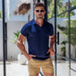 Men’s navy muscle fit polo open collar style