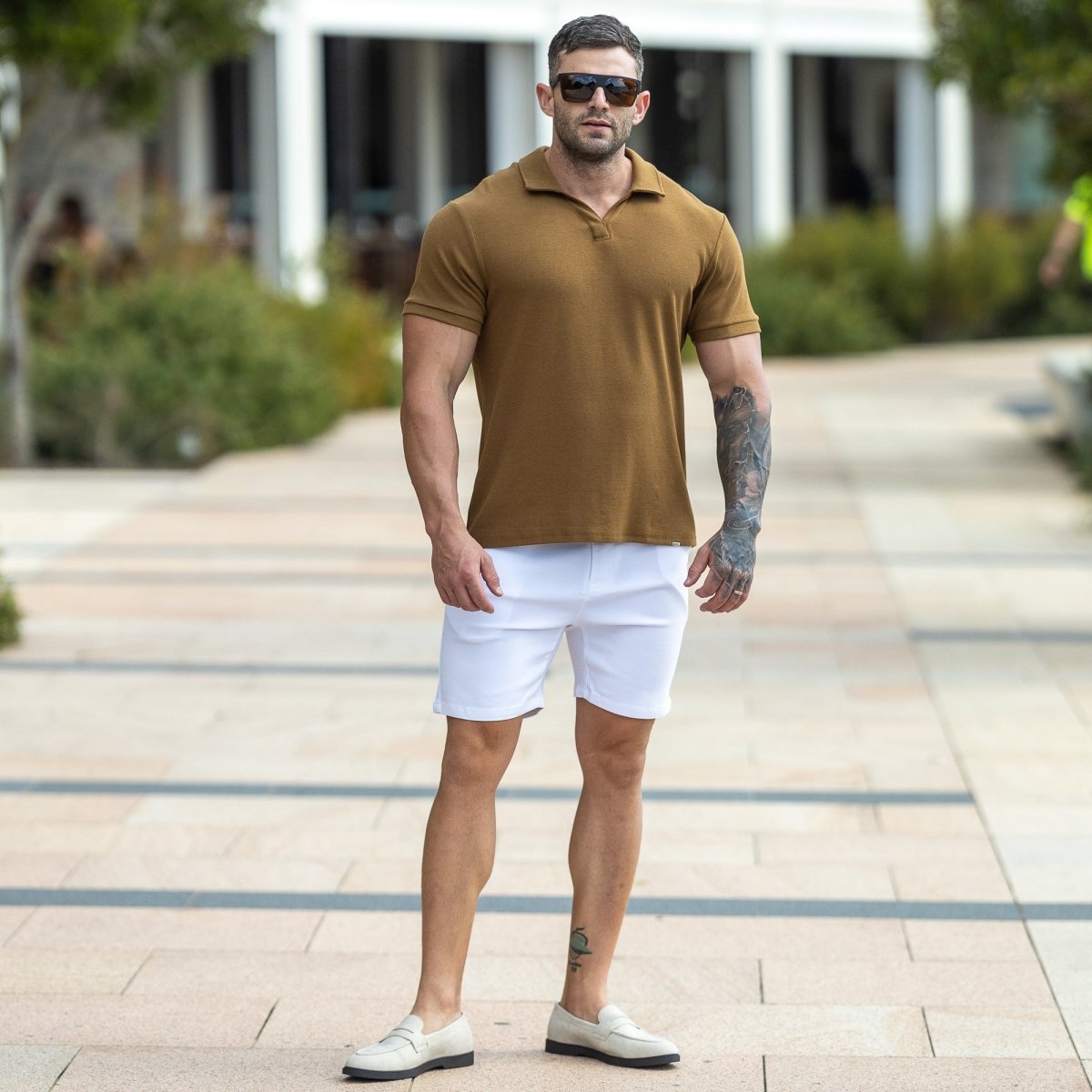 Mens Summer Polo Outfit oak brown with white chino shorts and loafers