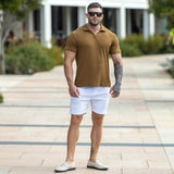 Mens Summer Polo Outfit oak brown with white chino shorts and loafers