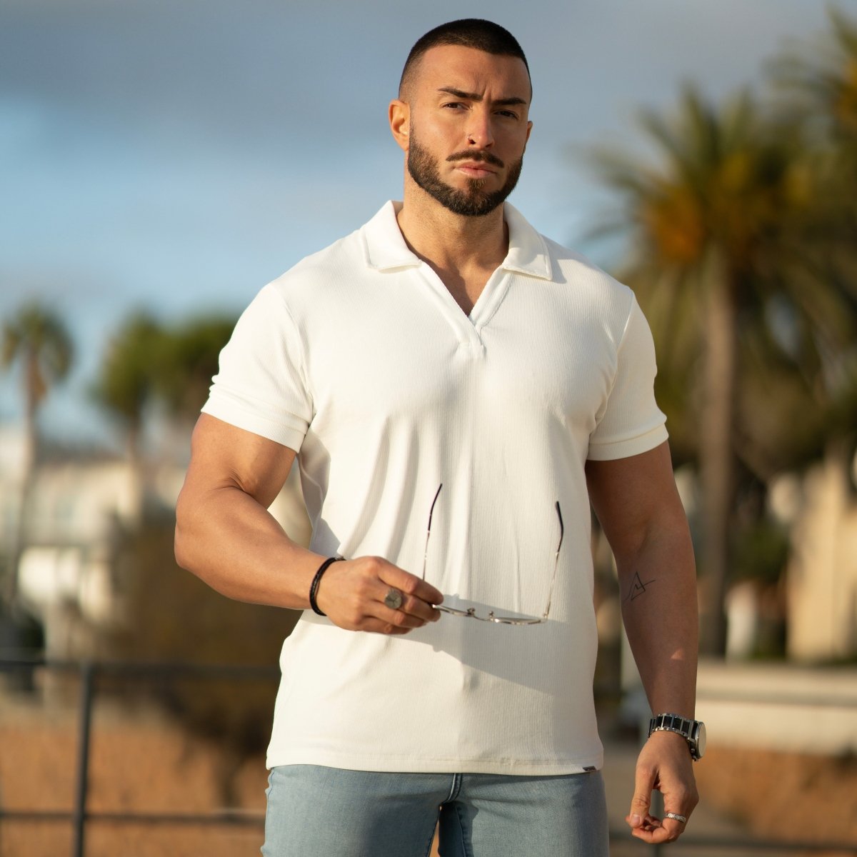 White classy mens polo shirt modern open revere collar fitted