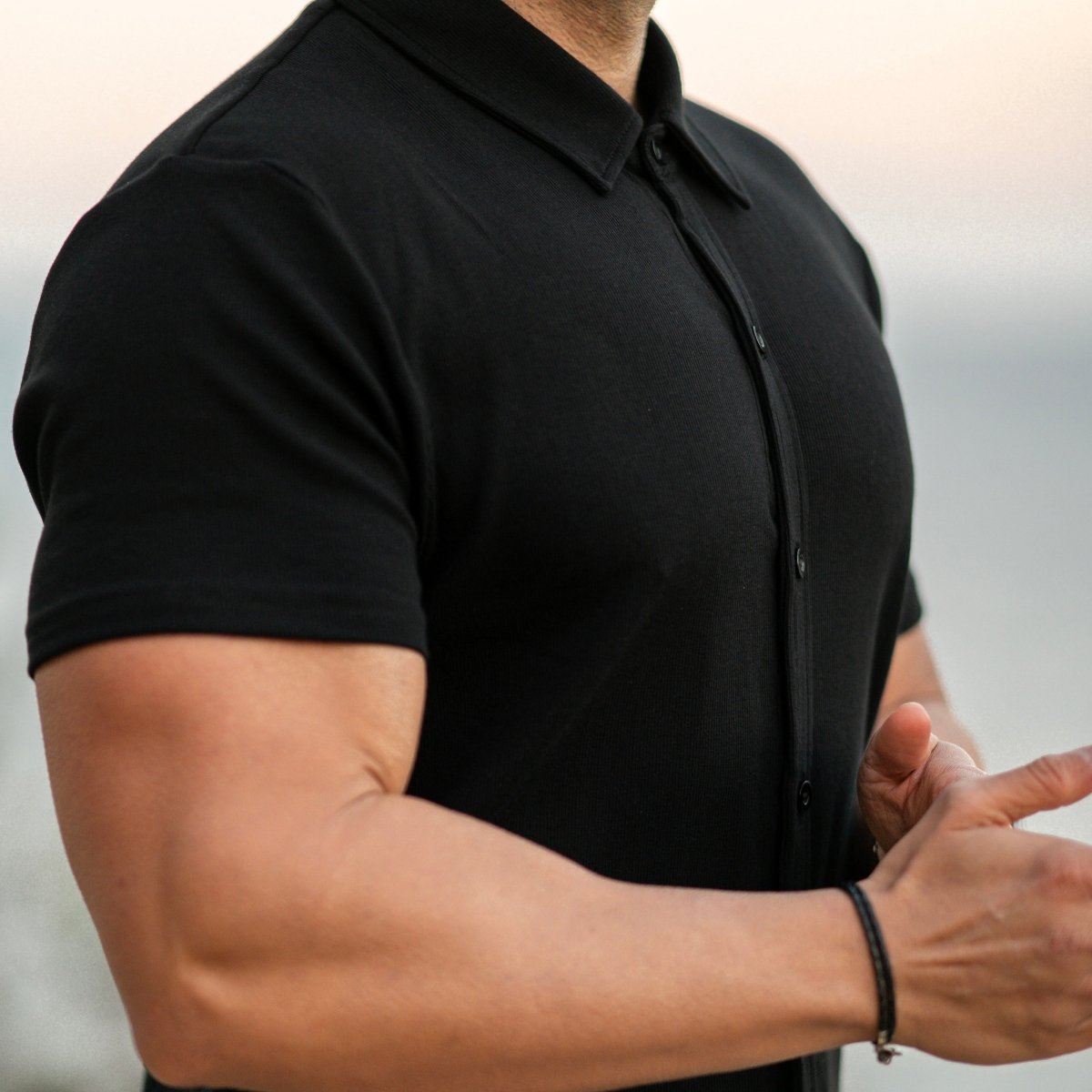 Fitted bicep black short sleeve mens shirt
