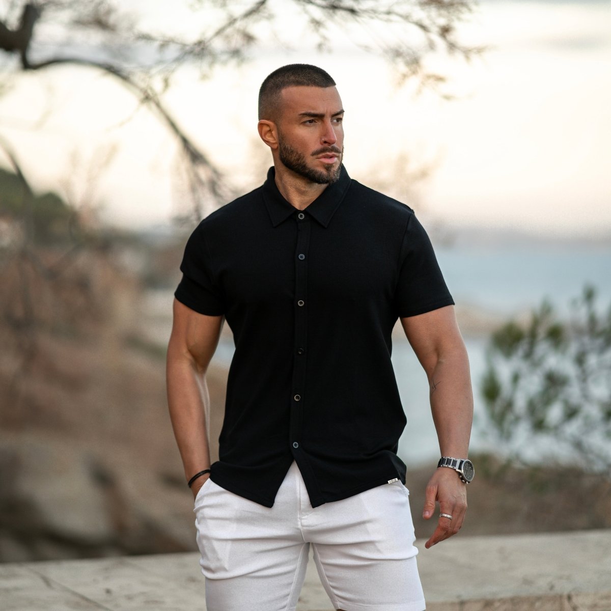 Stretchy black short sleeve muscle fit shirt shop online fast delivery