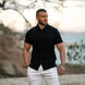 Stretchy black short sleeve muscle fit shirt shop online fast delivery