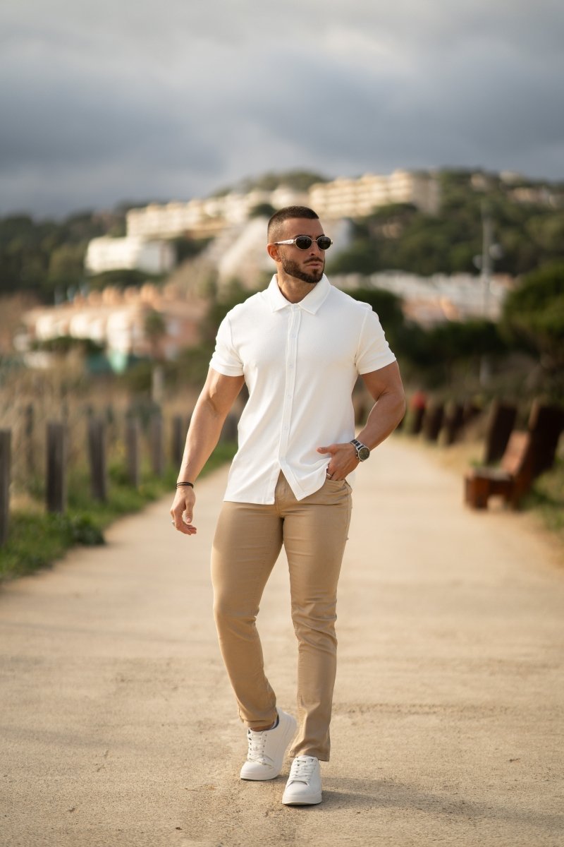 Slim Fitted Stretch White Knit Short Sleeve Button Up Shirt