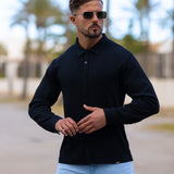 Stretch Knit Long Sleeve Button Up Shirt - Black