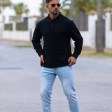 Stretch Knit Long Sleeve Button Up Shirt - Black