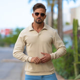 Stretch Knit Long Sleeve Polo - Cream