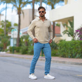Stretch Knit Long Sleeve Polo - Cream