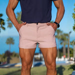 Man wearing dusk pink short shorts with formal style by kojo fit