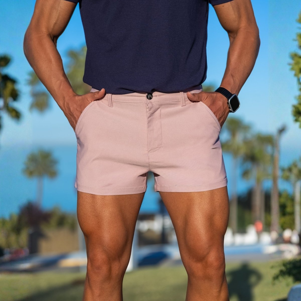 Man wearing dusk pink short shorts with formal style by kojo fit