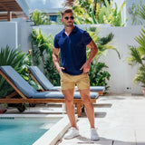 Men’s brown 5” inseam chino shorts for shorter legs fitted look