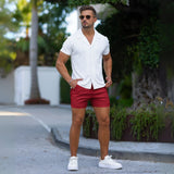White Cuban Collar Shirt with Wine Red Chino Shorts Outfit Summer | Kojo