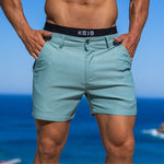 Green Men's Chino Shorts in slim fit and shorter length with Kojo Fit boxers