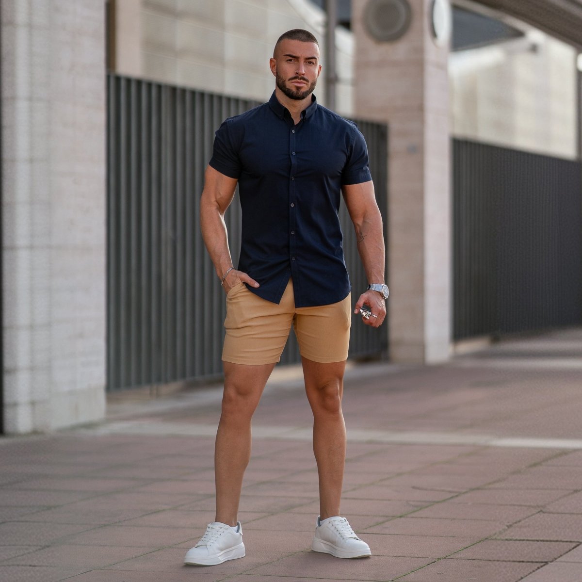 Brown Muscle Fit Chino Shorts With Navy Button Up Bamboo Shirt