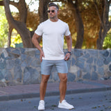 Classy Mens White Fitted T-Shirt with grey slim fit chino shorts | Kojo Fit