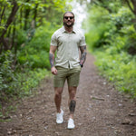 Khaki Men’s chino shorts 7” inseam length for muscular legs