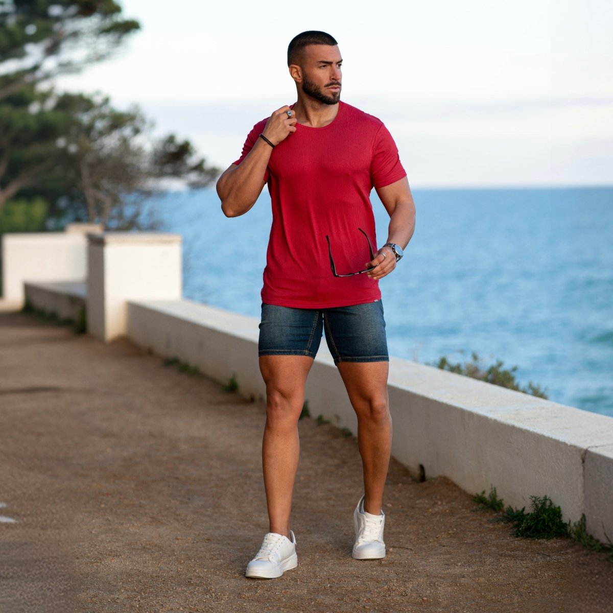 7" Muscle Fit Denim Shorts Stretch Dark Blue