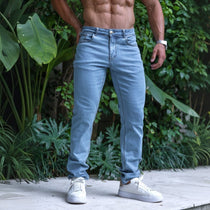 Mens Light Blue Stretch Classic Fit Straight Leg Jeans Kojo 