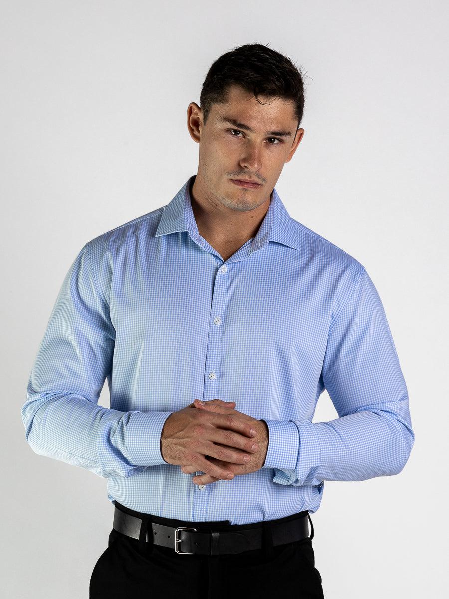 Performance Bamboo Dress Shirt - Light Blue Gingham - Kojo Fit