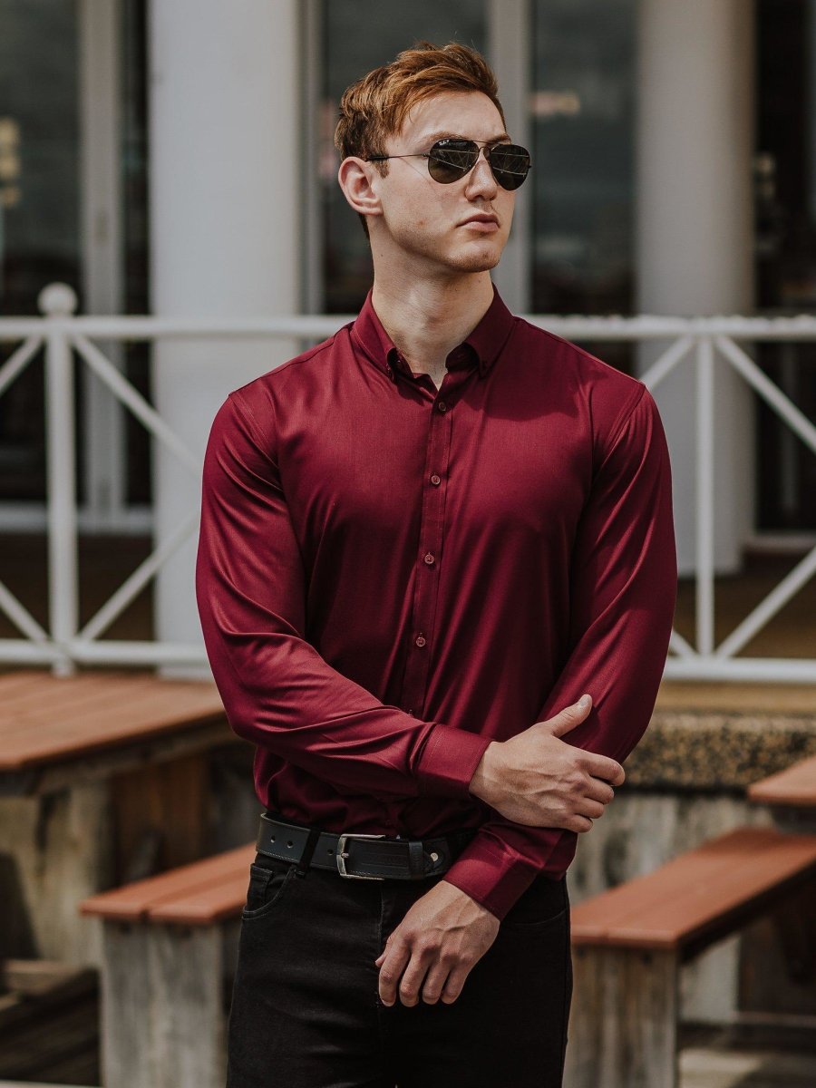Burgundy Bamboo Stretch Athletic Fit Dress Shirt | Kojo Fit