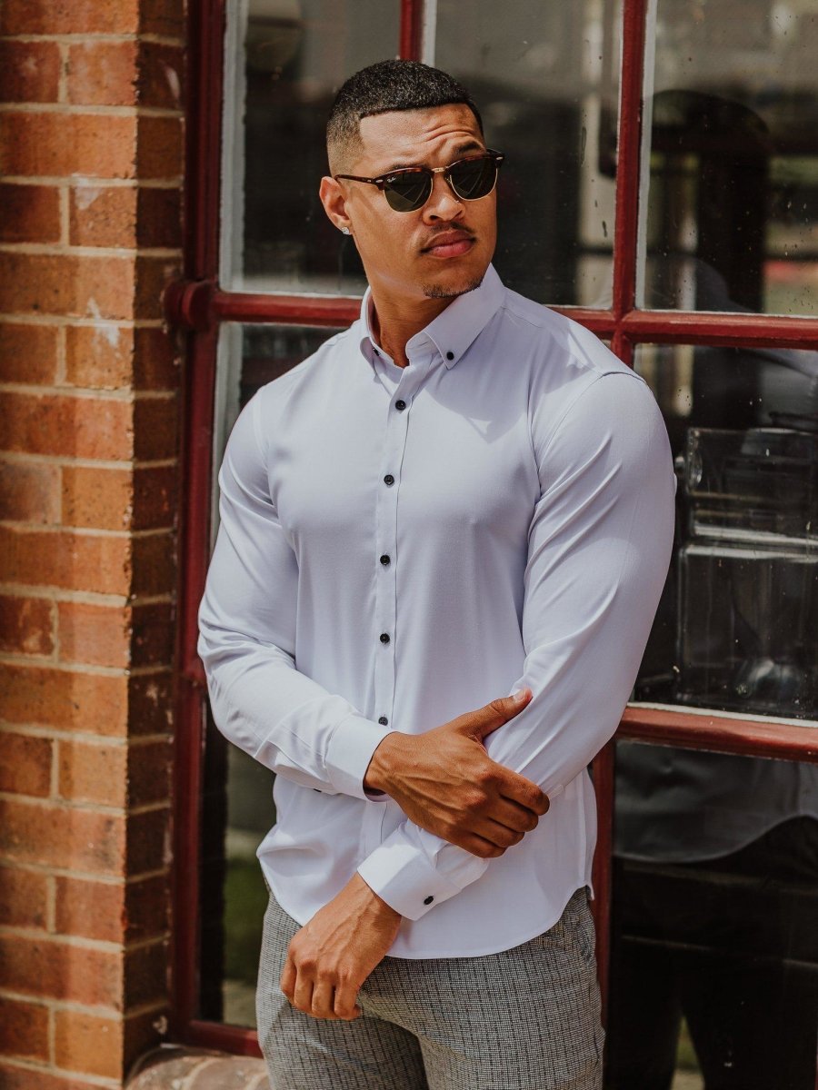 Return Sale - Bamboo Satin Stretch Shirt - White Contrast - Kojo Fit