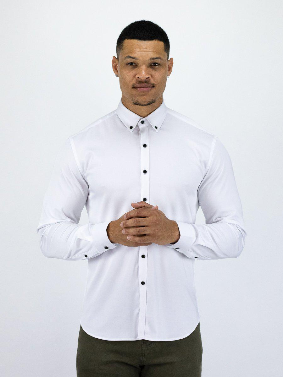 Return Sale - Bamboo Satin Stretch Shirt - White Contrast - Kojo Fit