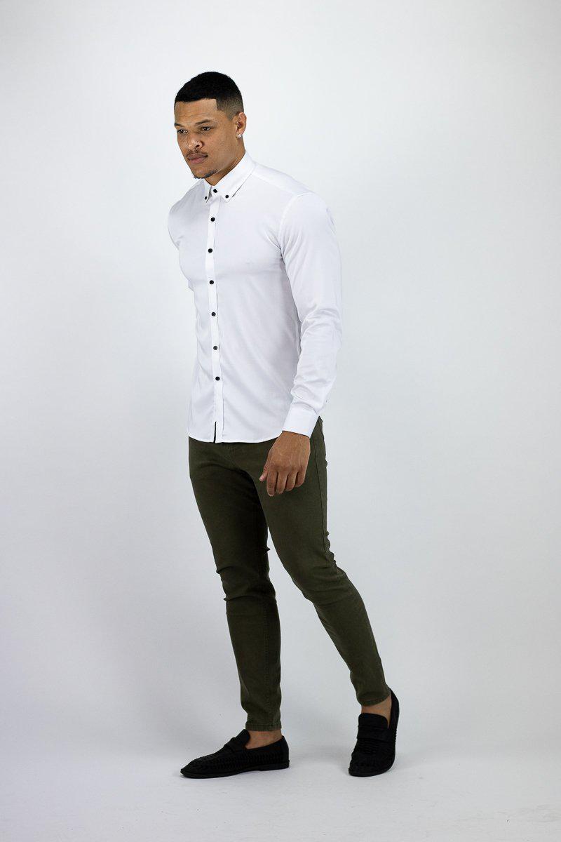 Return Sale - Bamboo Satin Stretch Shirt - White Contrast - Kojo Fit